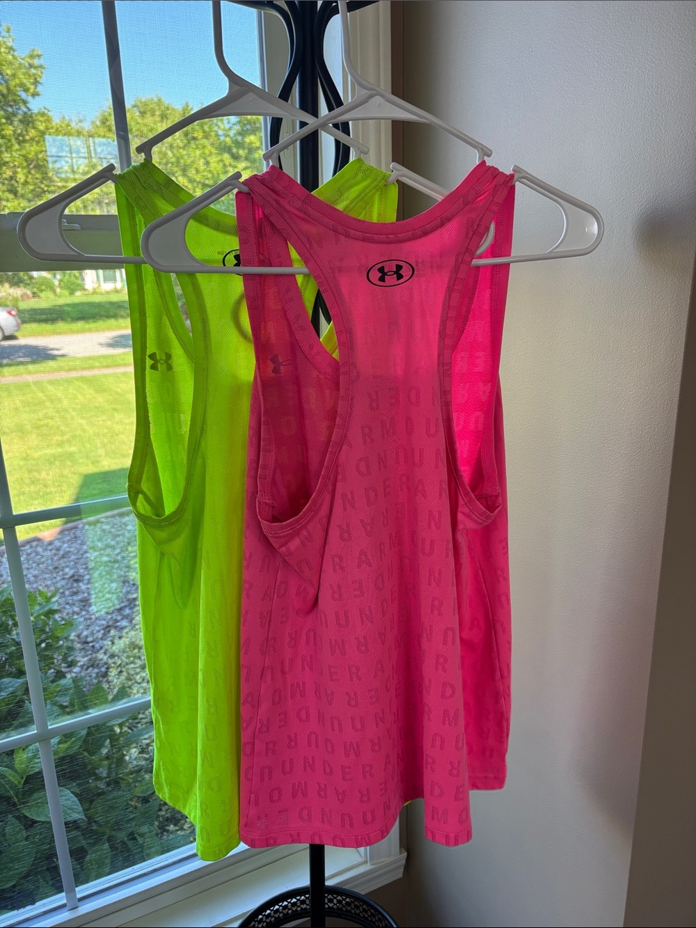 2 Under Armour Racerback Tank Tops - Neon Green & Hot Pink - Picture 3 of 8